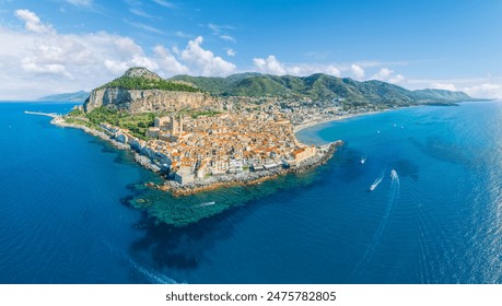 Aerial view showcasing its historic architecture, stunning coastline, and Mediterranean charm of Cefalu, Sicily. - Powered by Shutterstock