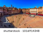 Aerial view of Siena, Campo Square (Piazza del Campo) in Siena, Tuscany, Italy. Architecture and landmark of Siena. 