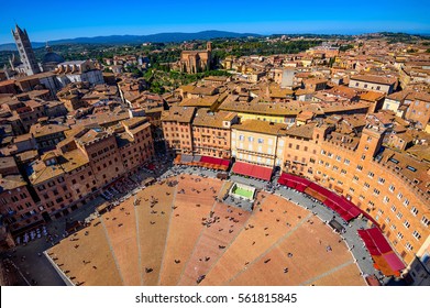 Aerial View Of Siena, Campo Square (Piazza Del Campo) And Siena Duomo In Siena, Tuscany, Italy.