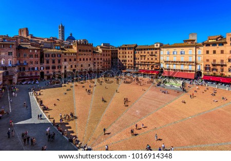 Aerial view of Siena, Campo Square (Piazza del Campo) in Siena, Tuscany, Italy. Architecture and landmark of Siena. 