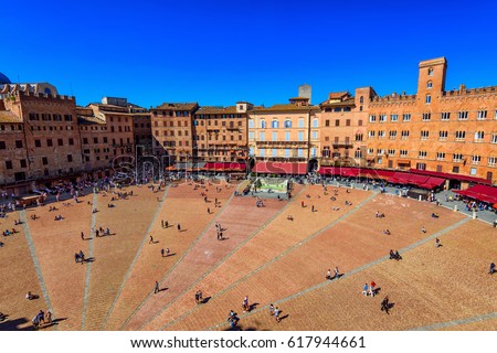 Aerial view of Siena, Campo Square (Piazza del Campo) in Siena, Tuscany, Italy. Siena is capital of province of Siena