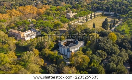 Aerial view of Siena Square and the Globe Theater, a Shakespearean theater in Rome, Italy. They are located inside the Villa Borghese gardens.