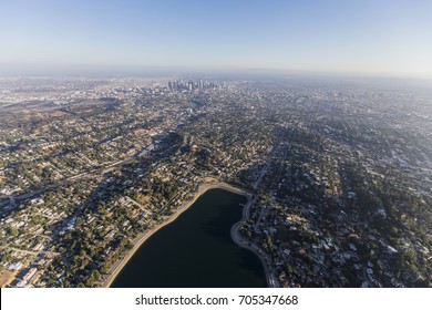 Aerial View Of Silver Lake, Echo Park And Downtown Los Angeles In Southern California.  