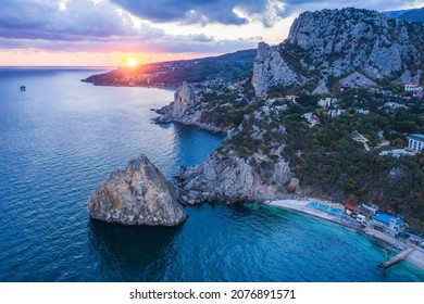 Aerial View Of Simeiz Village, Diva Rock In Sunset Light. Cat Mountain In Background, Crimea. Black Sea