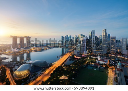 Aerial view of Singapore business district and city at twilight in Singapore, Asia