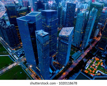 Aerial View Of Singapore Down Town Area In Night Time