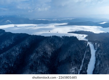Aerial view of the ski area in the Sovata resort - Romania - winter