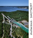 Aerial View of Ski Jump in Lahti City, Finland. On the background Vesijarvi lake.