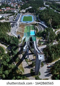 Aerial View Of Ski Jump In Lahti City, Finland. On The Background Stadium. 