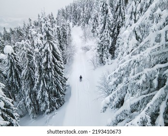 Aerial View Of Skier Free Rider At The Ski Slope Winter Extreme Sport