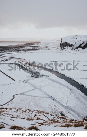 Aerial view of the Skoga River in winter in Skogar Iceland