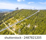 Aerial view of the Sky Bridge 721, the worlds longest suspension footbridge, stretching across a forested mountain in Czechia. The unique Sky Walk lookout tower stands nearby, offering panoramic views