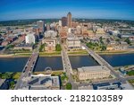 Aerial View of the Skyline of Des Moine, Iowa facing East