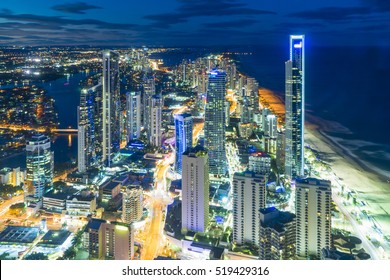 Aerial View Of Skyline With Light Trail At Gold Coast, Australia At Night