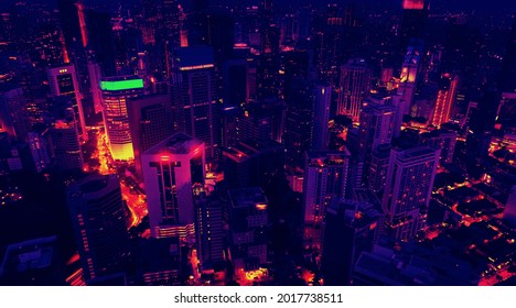 Aerial view of the skyscrapers of the city of Kuala Lumpur in the style of the 80s, neon colors. Wide shot 