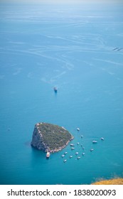 Aerial View Of Small Antalya Rat Island And Diving Boats In Mediterranean Sea, Antalya In Turkey