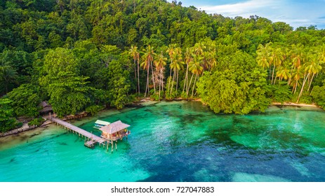Aerial view of small bay in Raja Ampat, West Papua, Indonesia.