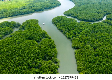 Aerial view of small boats in a huge mangrove forest - Shutterstock ID 1327879481