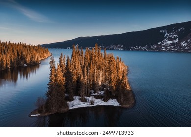 Aerial view of a small forested island in a tranquil lake, surrounded by snow-capped mountains under a clear blue sky, showcasing the serene and untouched beauty of nature.
 - Powered by Shutterstock