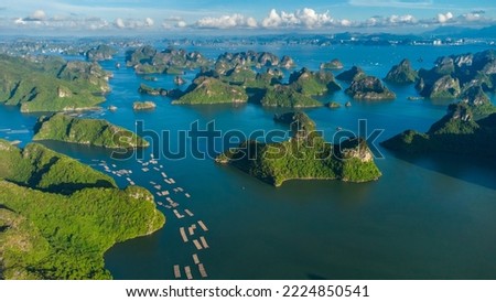 Aerial view from small islands at Cát Bà Island in the southeastern edge of Lan Ha Bay in Northern Vietnam