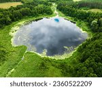 Aerial view of small lake and swamps in summer, Poland