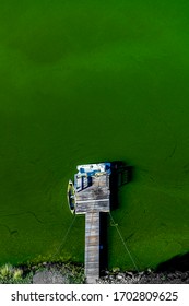 An Aerial View Of A Small And Rustic Boat Dock On A Lake Outside Of Pagosa Springs, Colorado. The Green Color In The Water Is From An Extreme Algae Bloom.