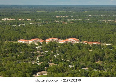 Aerial View Of Small Town America Suburban Landscape With Private Homes Between Green Palm Trees In Florida Quiet Residential Area