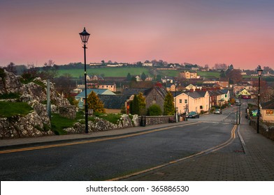 Aerial View Of Small Town Cashel In Tipperary County Of Ireland, Colorful Sunset Sky