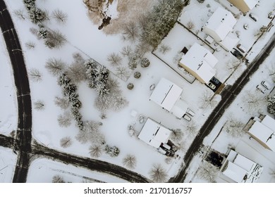 Aerial View Of Small Town Hometown After Severe Winter Snowfall In Pennsylvania US