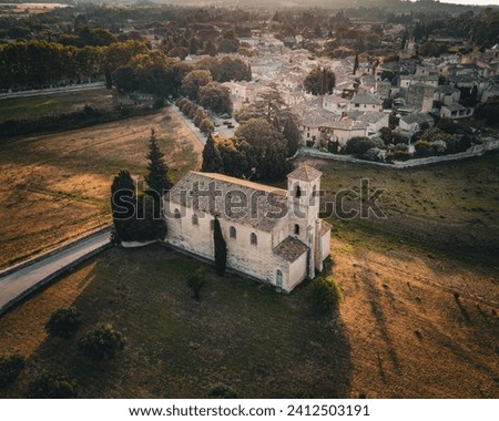 An aerial view of a small town of Lourmarin, France at golden hour