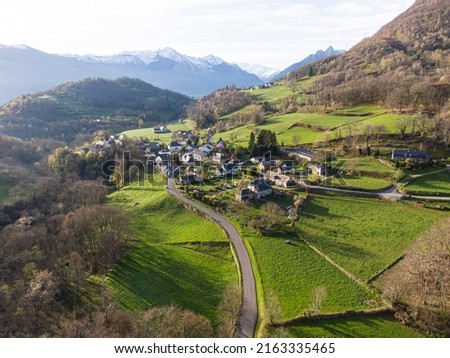 Aerial view of small village Sére-en-Lavedan in the pyrenees mountains, Hautes-Pyrenees, occitanie
