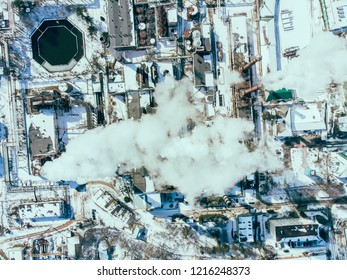 Aerial View Of Smog Pollution From City Factory. Winter Time