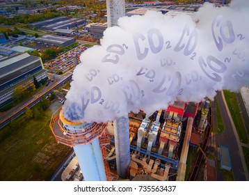 Aerial view to smoking chimmney from lignite power plant. Digital artwork on air pollution and climate change theme. Heavy industry from above. 