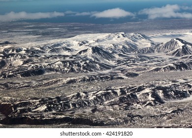 Aerial view snow covered mountains, Iceland natural landscape