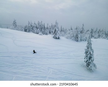 Aerial View Of Snowboarder Free Rider At The Ski Slope Winter Extreme Sport