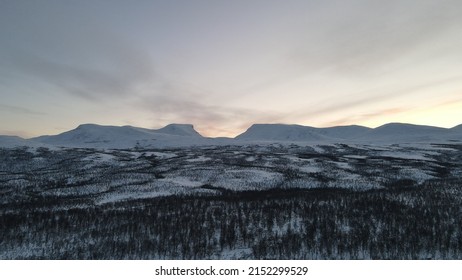 An aerial view of snow-covered forests of evergreen trees and mountains on a sunset sky background