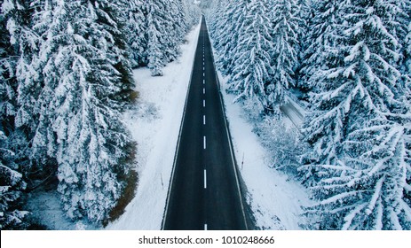 Aerial view of snowy forest with a road. Captured from above with a drone. Dolomites - Italy