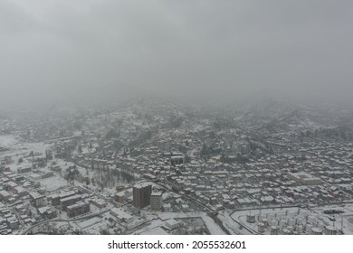 Aerial View Of The Snowy Mountain Village