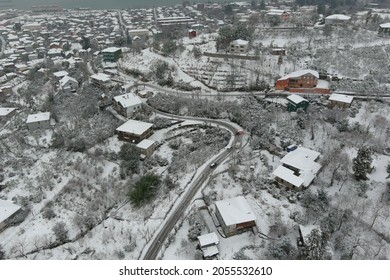 Aerial View Of The Snowy Mountain Village