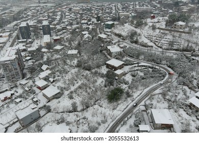 Aerial View Of The Snowy Mountain Village