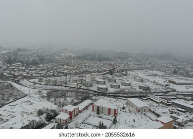 Aerial View Of The Snowy Mountain Village