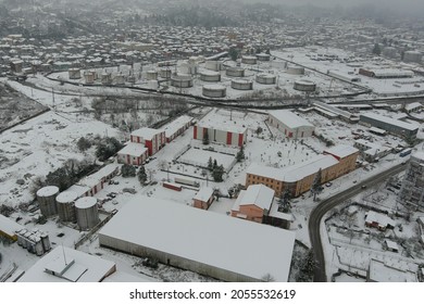 Aerial View Of The Snowy Mountain Village