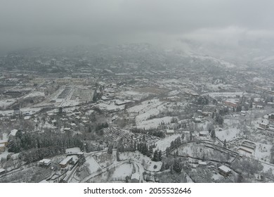 Aerial View Of The Snowy Mountain Village