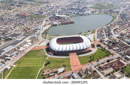 Aerial view of the soccer stadium and lake in Port Elizabeth, South Africa