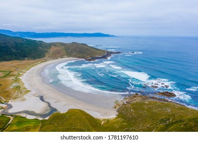 Aerial view of Soesto beach in Laxe in Galicia Spain