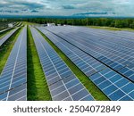 Aerial view of solar farm. Sustainable renewable energy and modern photovoltaic technology for eco-friendly electricity production. Solar power station. Green energy solutions. Solar panel technology.