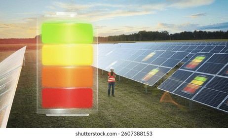 Aerial view of solar panel engineer using a tablet at a solar farm during sunset, with 3D battery overlay representing energy storage