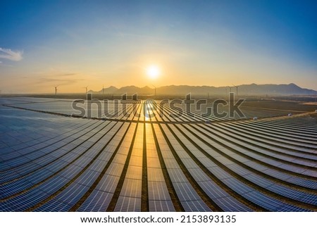 Aerial view of Solar panel, photovoltaic, alternative electricity source - concept of sustainable resources on a sunny day, Phuoc Minh, Thuan Nam, Ninh Thuan, Vietnam