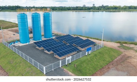 Aerial view, Solar panel system, Solar water pumping system installed for agricultural equipment for field irrigation - Shutterstock ID 2026627532