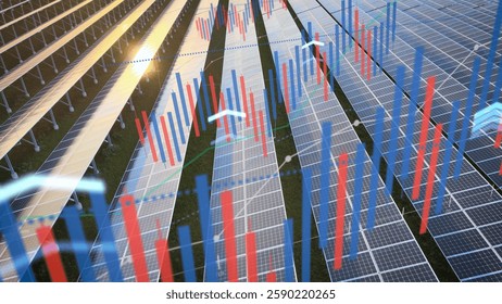 Aerial view of solar photovoltaic panels at sunset with 3D graphic overlay of charts and graphs, showing energy data